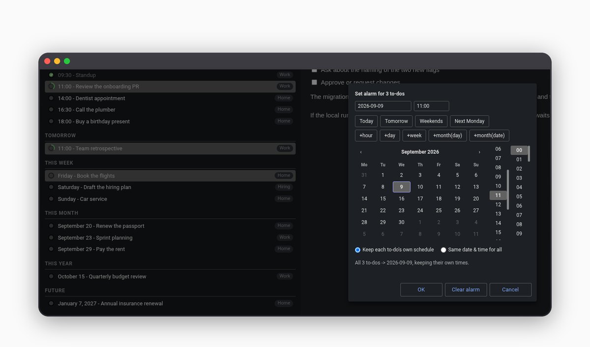 Cockpit's date picker for three selected to-dos: date and time fields, quick buttons, a Monday-first calendar, the time columns and the choice between keeping each to-do's own schedule or one time for all