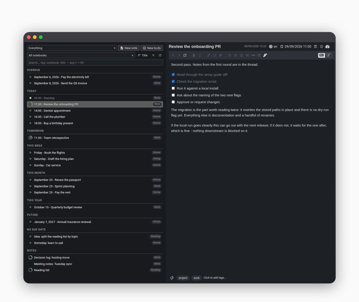 The Cockpit panel in Joplin on desktop, to-dos and notes grouped by due date from Overdue through This Year and Future to No Due Date and Notes, a progress ring on each row, beside an open to-do with its checklist