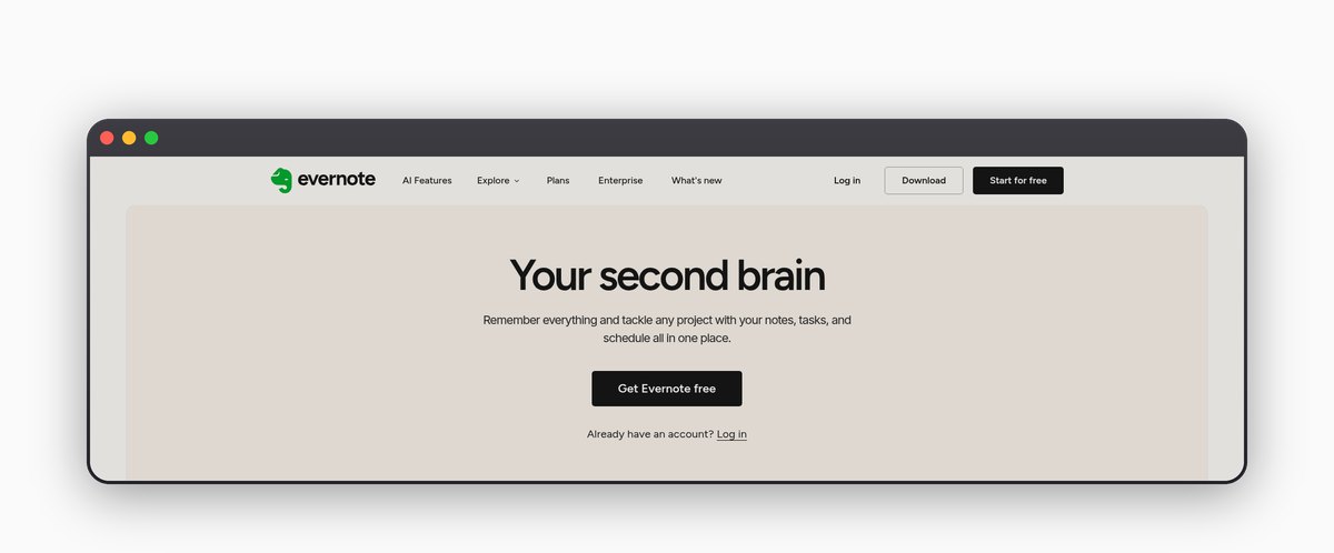 The Evernote homepage in August 2026, framed as a desktop window: the headline reads 'Your second brain', above the promise to remember everything and tackle any project.