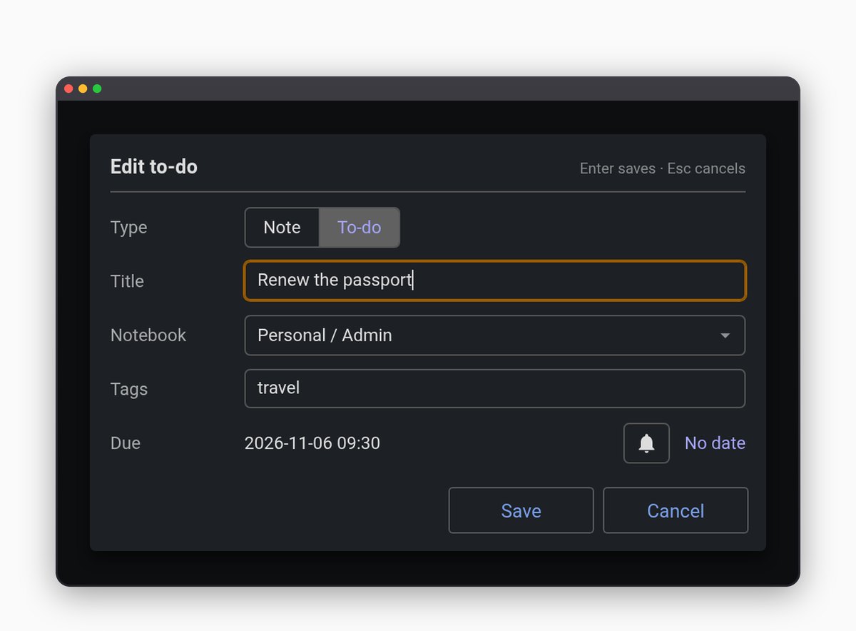 Jot's edit form over an existing to-do: title, notebook, tags and due date, with Save and Cancel