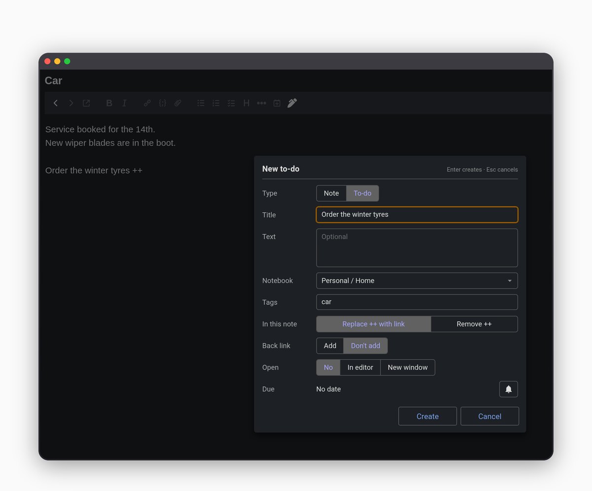 A line ending in ++ in the Markdown editor and the Jot form it opened, offering to replace the ++ with a link to the new to-do or remove it