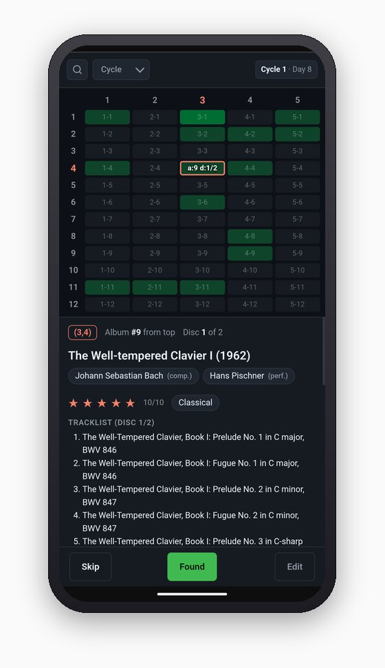 Aplikacija Cupboard na telefonu: mapa toplote slušanja 5×12 sa izabranom ćelijom — album The Well-Tempered Clavier.